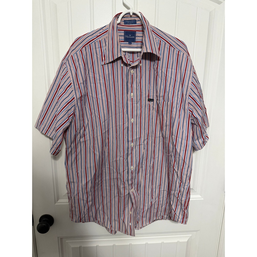 Faconnable Button Down Mens XL Short Sleeve Striped Cotton Red White Blue EUC